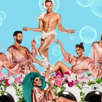 Promotional image for Dirty Laundry, showing Briefs cast members in satin robes and flowers