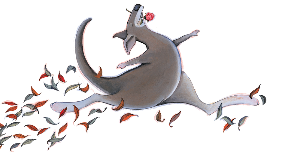 A cartoon kangaroo leaps like a ballerina holding a red rose in it's mouth.