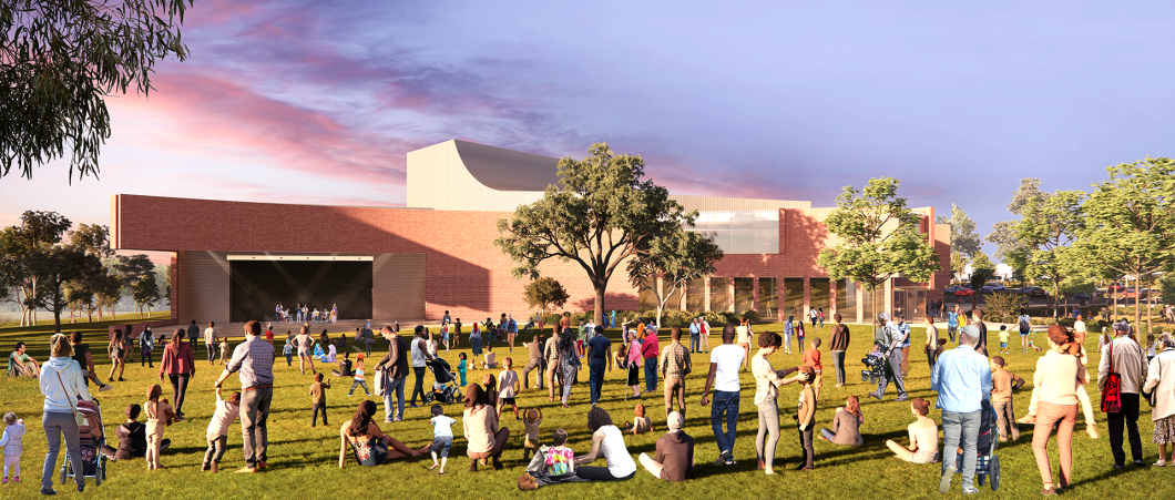 A digital render of a crowd watching a performance on the Soundshell stage from outside.