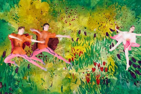 Fairy dancers on a painted garden background