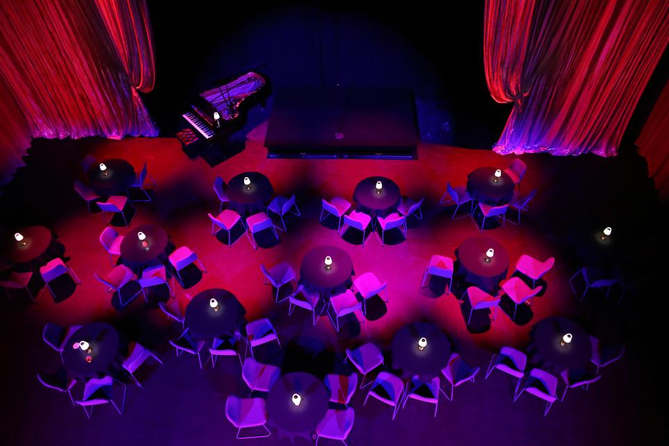 View from above at table seating for the Underground Cabaret