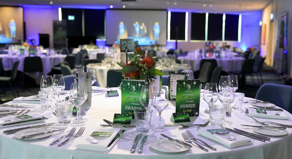 A table set up in a function room 