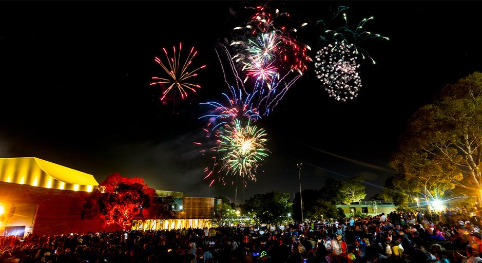 The Round building with fireworks overhead on Australia Day 2024